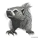 honey badger face with flames and leaves intertwined tattoo design idea