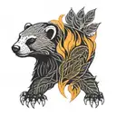 honey badger face with flames and leaves intertwined tattoo design idea