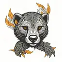 honey badger face with flames and leaves intertwined tattoo design idea