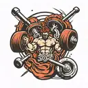 A tattoo design featuring a weightlifting barbell intertwined with boxing gloves, symbolizing the client's passion for both the gym and fights tattoo design idea