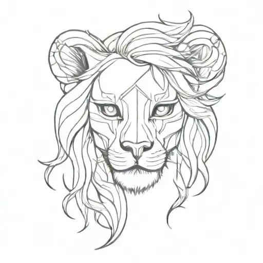 skull with feminine half lion mask split tattoo design idea