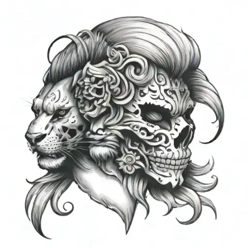 skull with feminine half lion mask split tattoo design idea