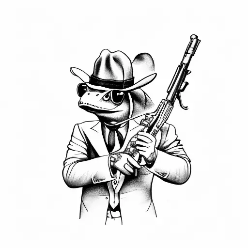 mafia boss, frog holding a Tommy gun tattoo design idea