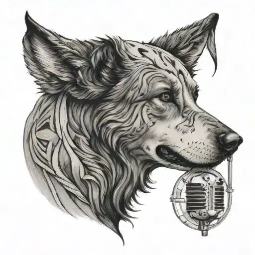 A detailed black and grey tattoo of a dog howling along to Noah Kahan's music tattoo design idea