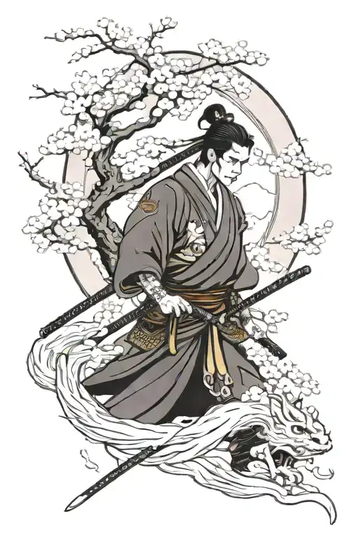 samurai with katana between sakura trees and Japanese girl around dragon with fire tattoo design idea