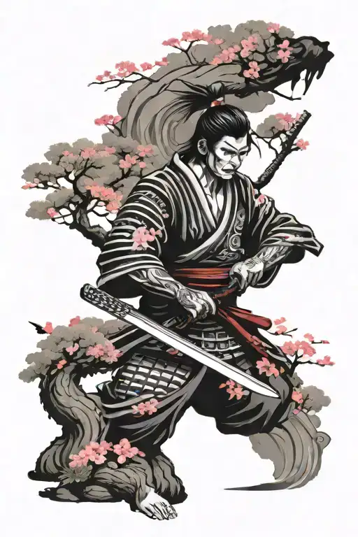 samurai with katana between sakura trees, near  Japanese girl and dragon wirh fire tattoo design idea