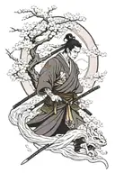 samurai with katana between sakura trees and Japanese girl around dragon with fire tattoo design idea