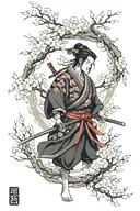 samurai with katana between sakura trees and Japanese girl around dragon with fire tattoo design idea