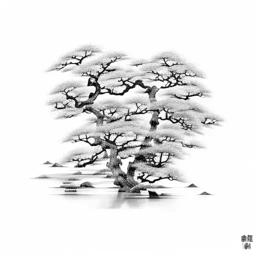 A painter's palette with Chinese calligraphy brushes, depicting a serene Japanese garden tattoo design idea