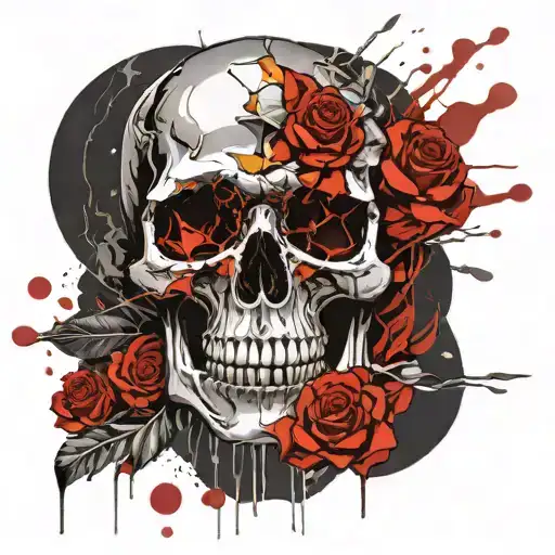 golden and silver broken to pieces skull, melting. Dark void Circle background with dead flowers  tattoo design idea