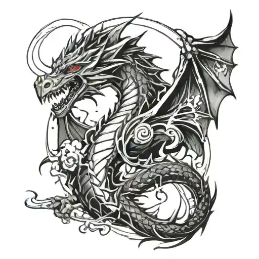 A video game themed tattoo design with Sung Jin Woo from Solo Leveling battling a dragon in a blackwork style tattoo design idea