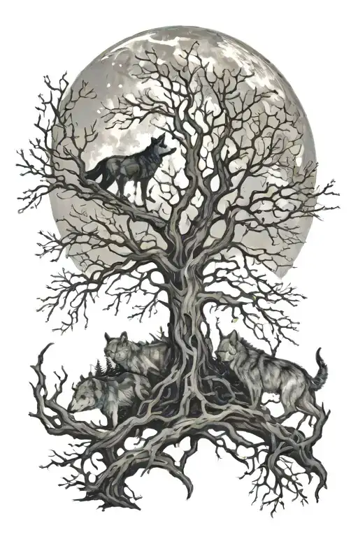 dried up tree with a moon and wolves tattoo design idea