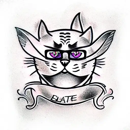 vaporwave black cat with glasses tattoo design idea