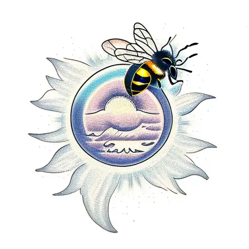 Bee, ginger, birds, sun, ocean tattoo design idea