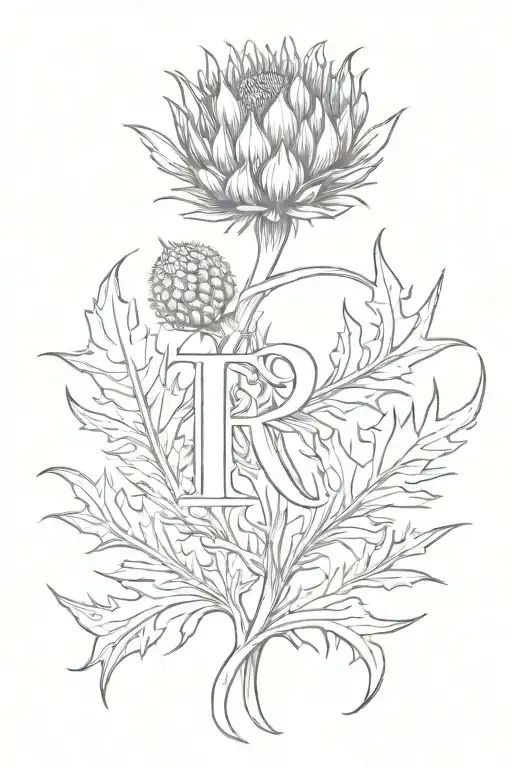 Initial R with thistle simplistic tattoo based tattoo design idea