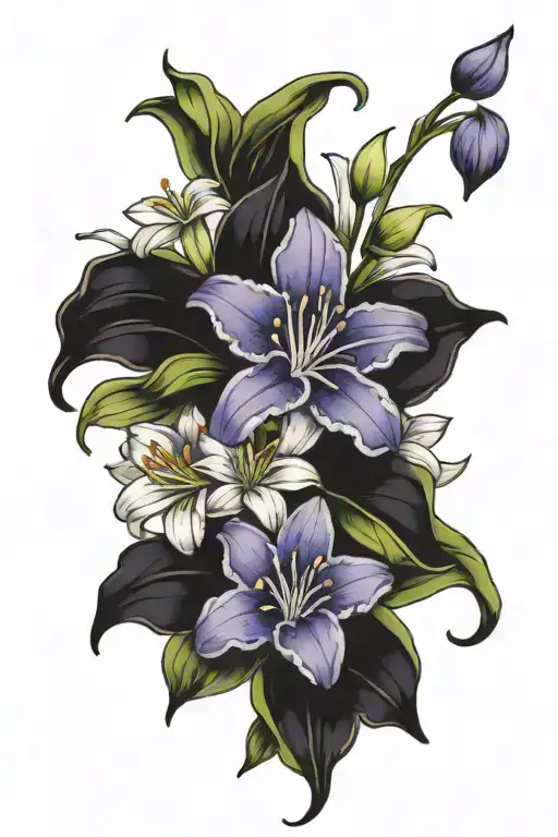 violet lily and daisy bouquet tattoo design idea