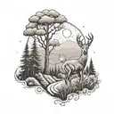A scenic landscape tattoo of a long winding road through a forest with a baby deer in the foreground tattoo design idea