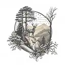 A scenic landscape tattoo of a long winding road through a forest with a baby deer in the foreground tattoo design idea