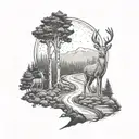 A scenic landscape tattoo of a long winding road through a forest with a baby deer in the foreground tattoo design idea