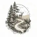 A scenic landscape tattoo of a long winding road through a forest with a baby deer in the foreground tattoo design idea