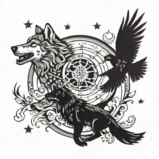 2 wolves chasing moon and sun with ravens   tattoo design idea