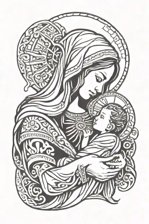 mother mary holding child tattoo design idea