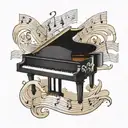 an open top piano in black and white above his elbow, wavy music sheet with the notes of dilemma on it flowing around  tattoo design idea