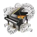 an open top piano in black and white above his elbow, wavy music sheet with the notes of dilemma on it flowing around  tattoo design idea