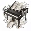 an open top piano in black and white above his elbow, wavy music sheet with the notes of dilemma on it flowing around  tattoo design idea