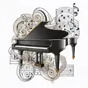 an open top piano in black and white above his elbow, wavy music sheet with the notes of dilemma on it flowing around  tattoo design idea