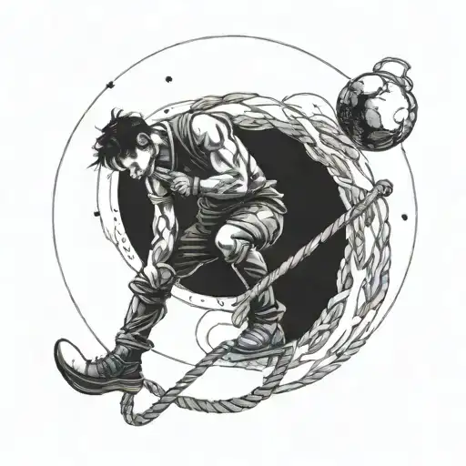 a man holding a rope that is tied around the moon tattoo design idea