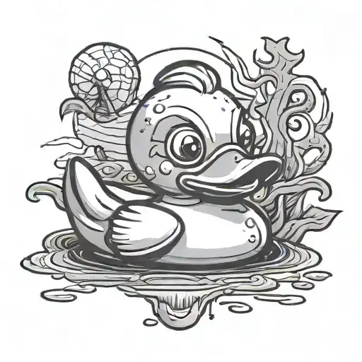 A black-grey tattoo of a cartoon rubber duck with a face of Michael Myers from Halloween tattoo design idea