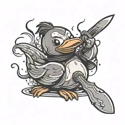 A black-grey tattoo of a rubber duck dressed as Michael Myers holding a knife tattoo design idea