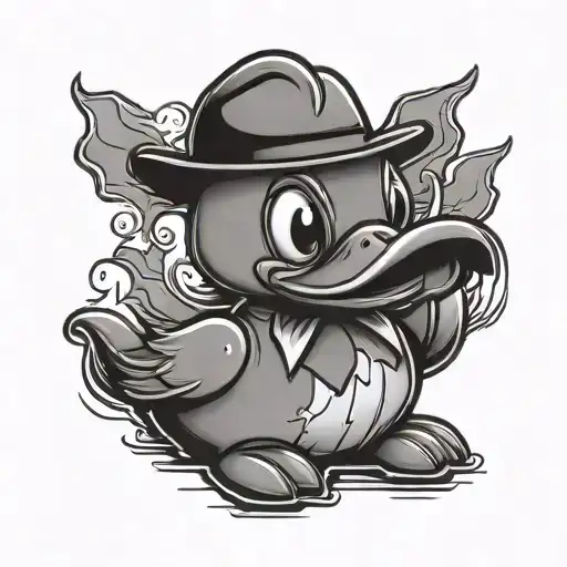 A black-grey tattoo of a cartoon rubber duck with a face as Michael Myers from Halloween tattoo design idea