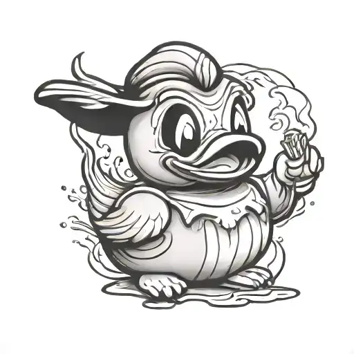 A black-grey tattoo of a cartoon rubber duck dressed as Michael Myers from Halloween tattoo design idea