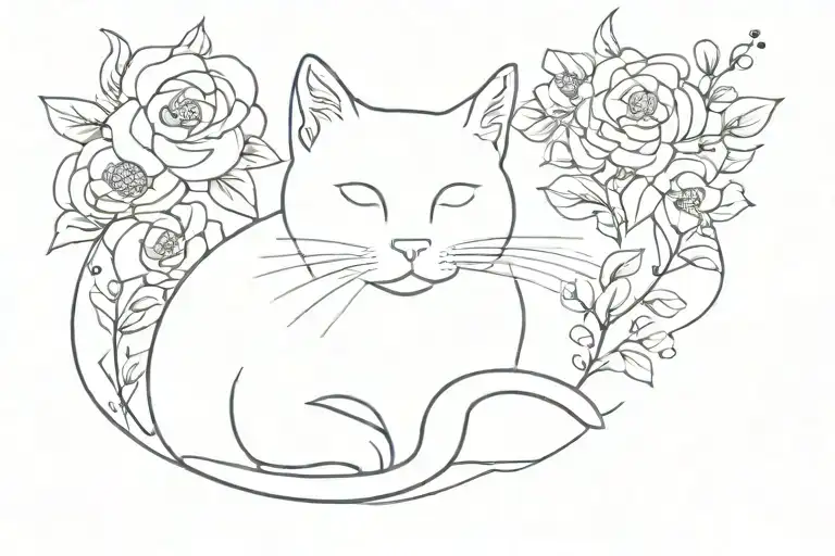 cat in flowers tattoo design idea