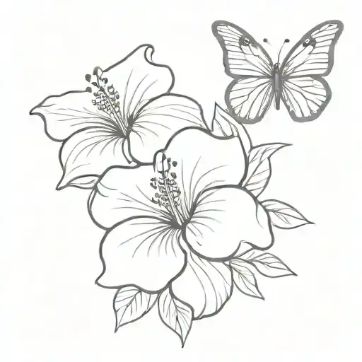 A symmetrical pattern featuring hibiscus flowers and butterflies in a minimalist approach tattoo design idea