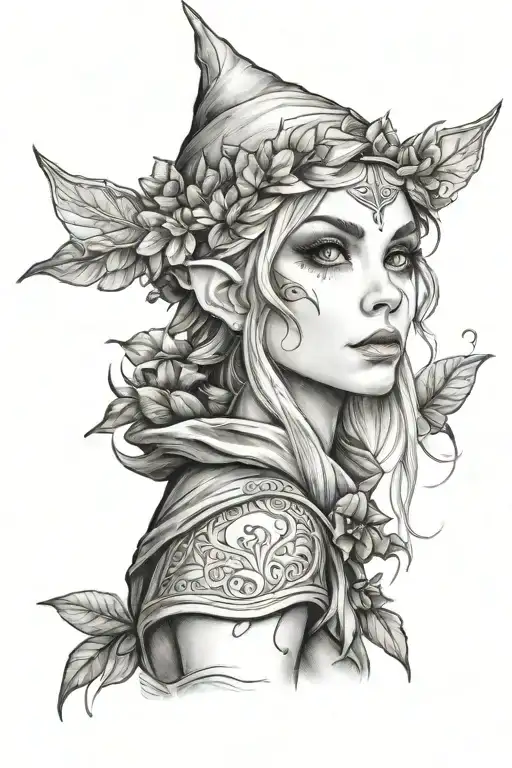 Female forest elf girl tattoo design idea