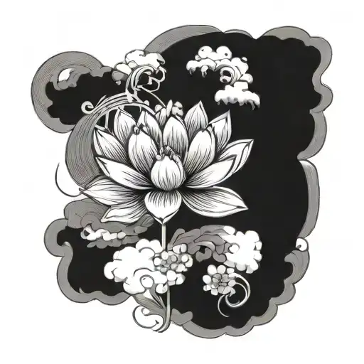Japanese lotus flower surrounded by clouds tattoo design idea