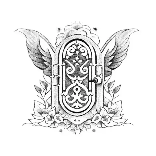 A garden gate with intricate stamp designs and doves perched on top tattoo design idea