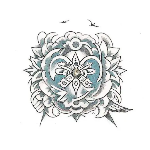 A garden gate with intricate stamp designs and doves perched on top tattoo design idea