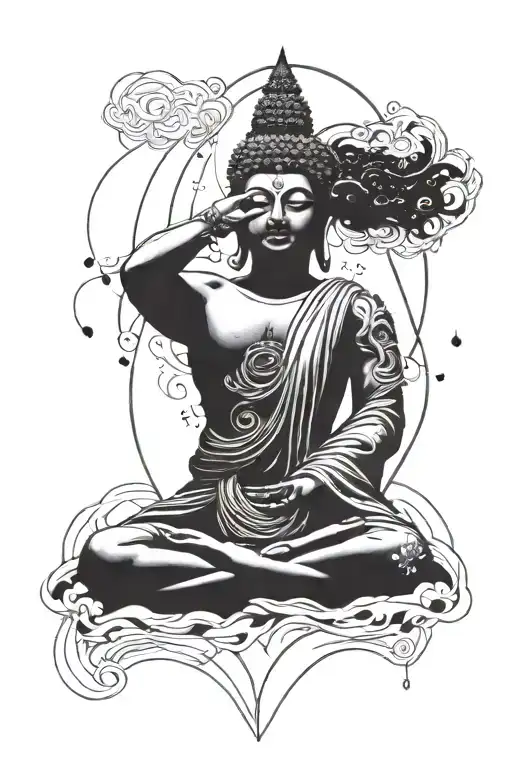 black and white tall standing up Buda with galaxy alining behind  tattoo design idea