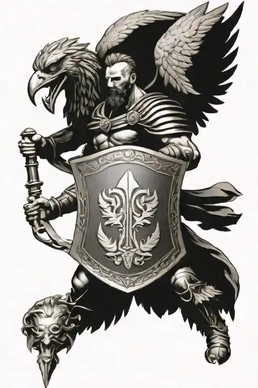 ares God of war holding shield with a laurel wreath in and eagle flying with a scroll in the background  tattoo design idea