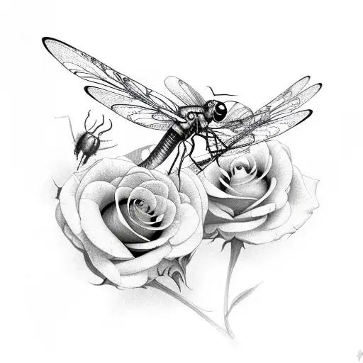 Roses with dragonflies  tattoo design idea