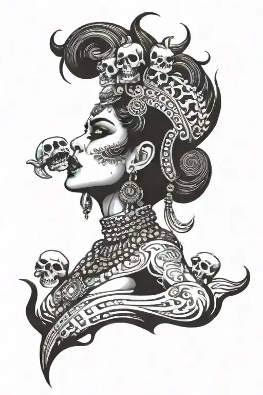 modern age kaali indian goddess with tongue sticking out and skulls black and grey tattoo tattoo design idea