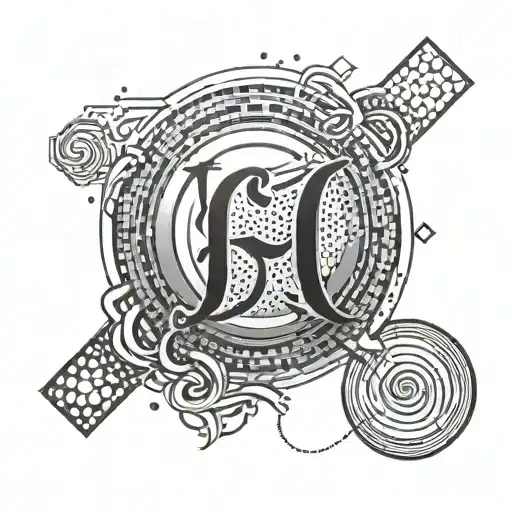 tattoo 1/3 right forearm for men, graphic symbol of balance, resilience, filiation, 2 letters C gradient black and white tattoo design idea