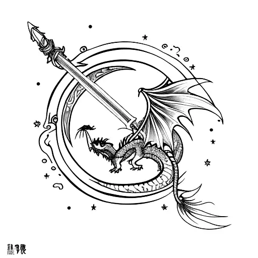 Moon Dawn Flower Sword Dragon tattoo design idea