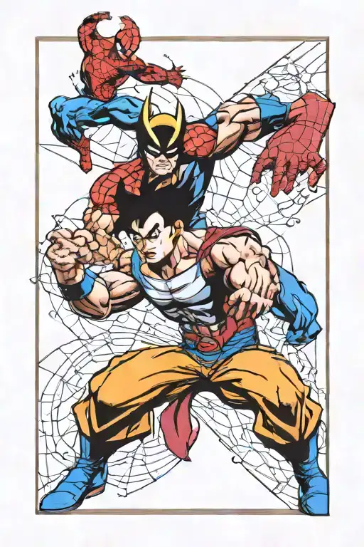 goku, spiderman, wolverine, batman, zorro multiverse crossover comic strip  tattoo design idea