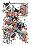 goku, spiderman, wolverine, batman, zorro multiverse crossover comic strip  tattoo design idea