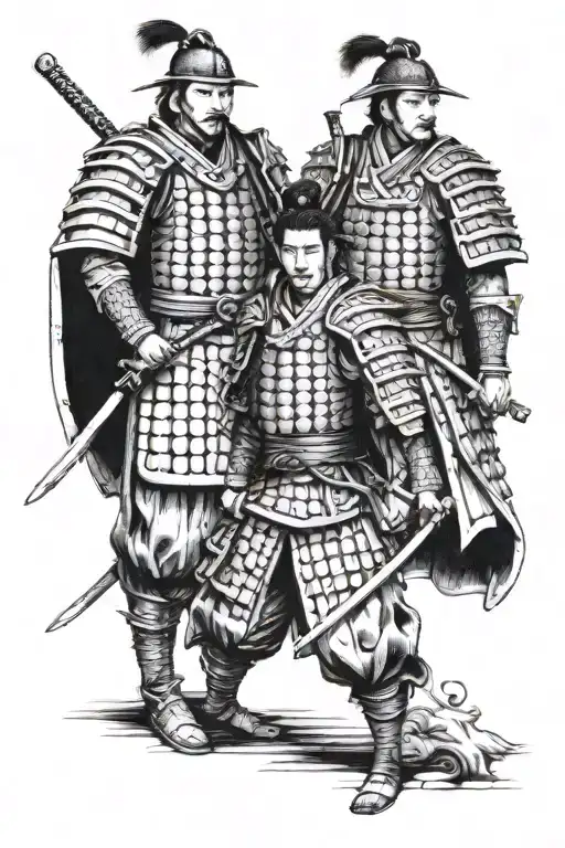 3 samurai warrior standing side by side tattoo design idea
